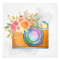 Boho Orange Kamera & Floral Bouquet Wasserfarbe