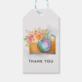 Boho Orange Kamera & Floral Bouquet Wasserfarbe Geschenkanhänger