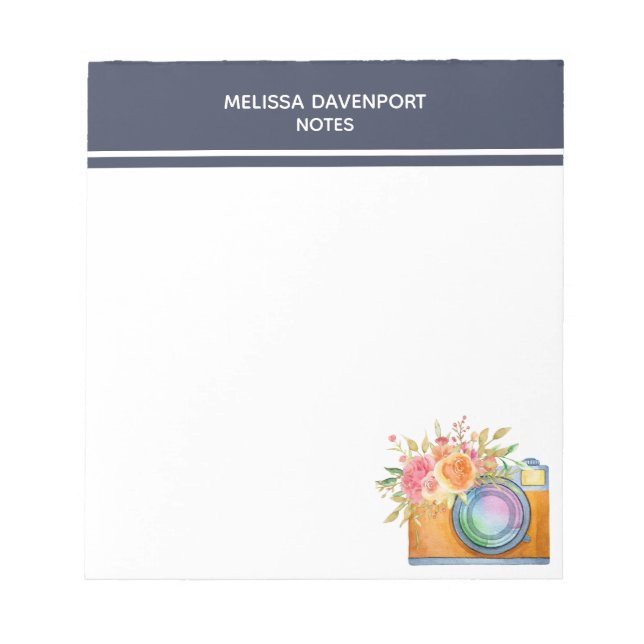 Boho Orange Kamera & Floral Bouquet Wasserfarbe Notizblock (Vorderseite)