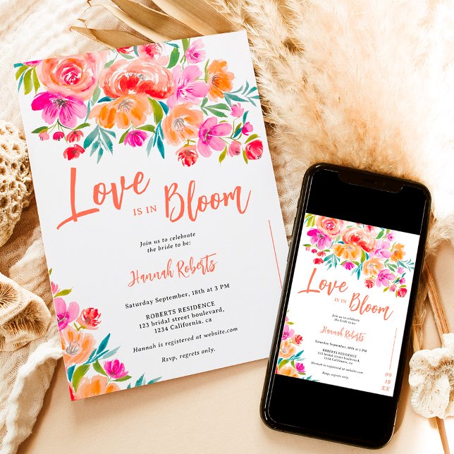Boho orange Liebe ist in blühendem Brautparty Einladung (Boho orange love is in bloom floral bridal shower invitation)