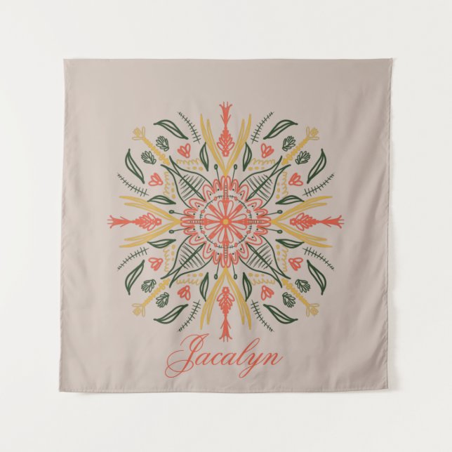 Boho Orange Mandala Name Wandteppich (Vorderseite)