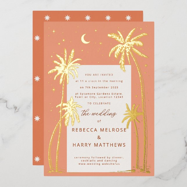 Boho orange Palm Springs Hochzeitspazierweg Folieneinladung (Vorderseite/Rückseite)