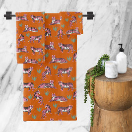 Boho Orange Pink Dschungel Tiger Badhandtuch Set