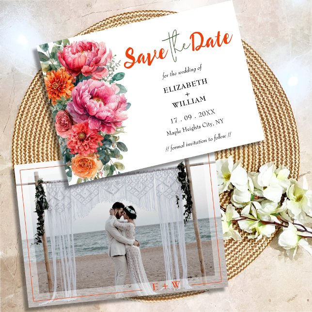Boho Orange & Pink Floral Foto Initials Wedding Save The Date (Von Creator hochgeladen)