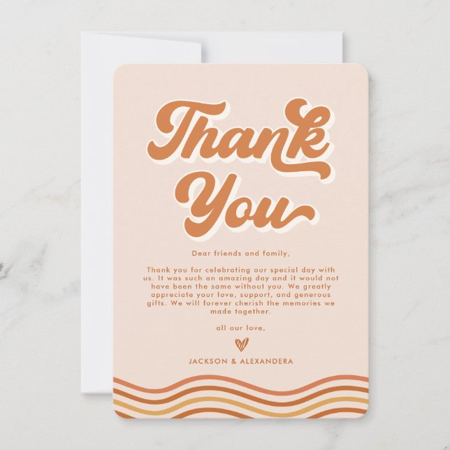 Boho Orange Retro 70er Wedding Dankeschön Card Einladung (Vorderseite)