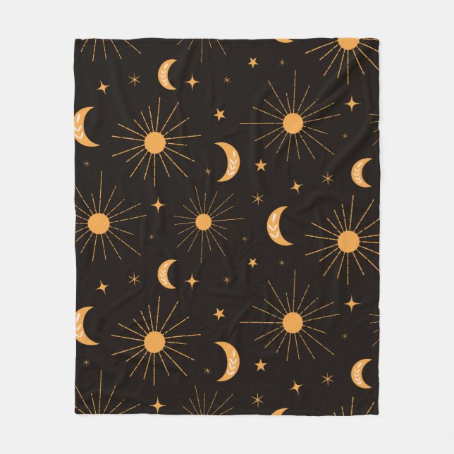 Boho orange Sonne und Mond Muster    Fleecedecke (Vorderseite)