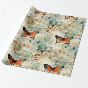 Boho Orange Teal Schmetterling Wildblume Malerisch Geschenkpapier