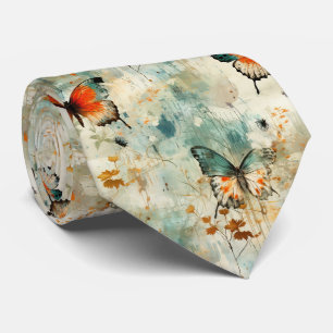 Boho Orange Teal Schmetterling Wildblume Malerisch Krawatte