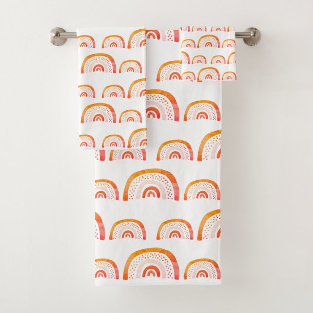 Boho Orange Watercolor Rainbow-Muster Badhandtuch Set (Insitu)
