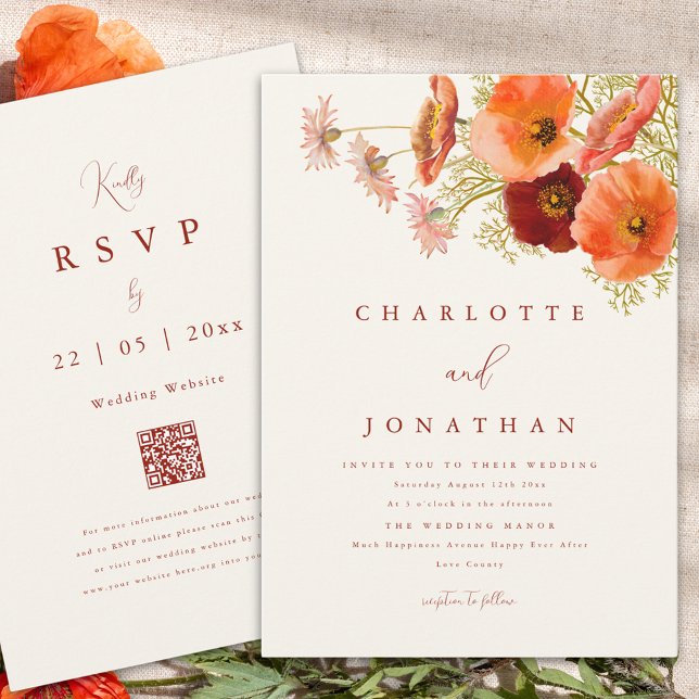 Boho Orange Wildblume Hochzeit im Herbst Einladung (Boho wildflower fall wedding invitation with elegant script and website qr code)