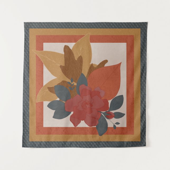 Boho Orange Yellow Blue Red Textured Botanical Wandteppich (Vorderseite)