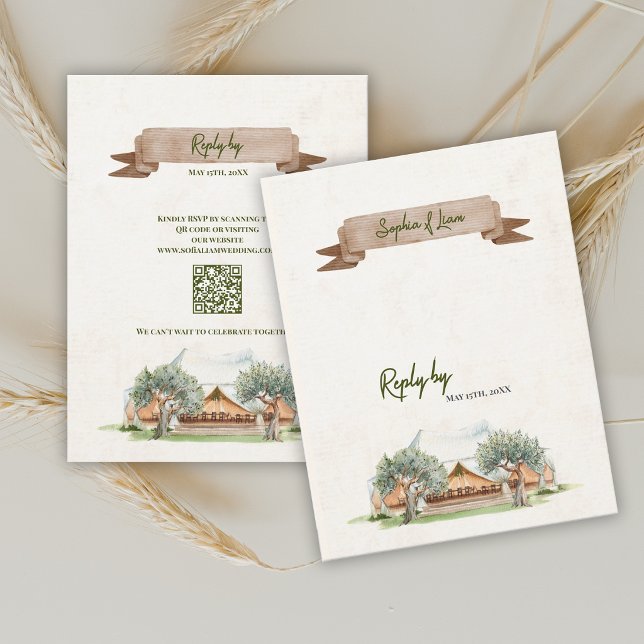 Boho Outdoor Zelt Hochzeit RSVP Karte mit QR-Code (Boho Outdoor Tent Wedding RSVP Card with QR Code | Rustic Watercolor Camp Wedding Reply Card)