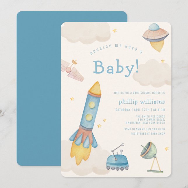 Boho Outer Space Spaceship Rocket Baby Shower Einladung (Vorne/Hinten)