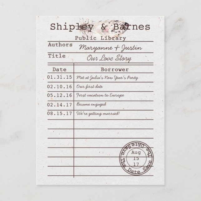 Boho Owl Feather Library Card Save the Date | Ankündigungspostkarte (Vorderseite)