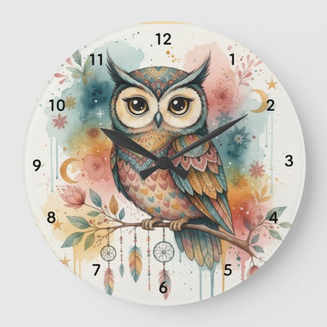 Boho Owl Large Wall Clock  Große Wanduhr (Vorderseite)