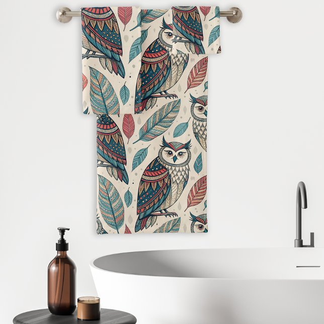 Boho Owl Leaf Muster Aquamarin Rust Beige Badhandtuch Set (Von Creator hochgeladen)