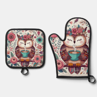 Boho Owl mit einem Cup of Coffee Pot Holders; Ofenhandschuh & Topflappen-Set