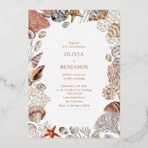 Boho-Ozean-Muscheln-Korallen-Strand-Hochzeit-Roség Folieneinladung