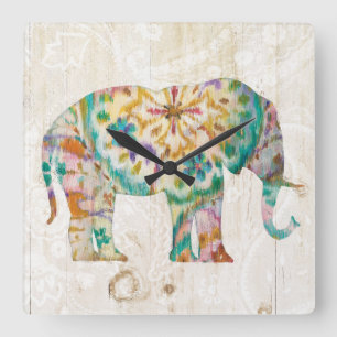 Boho Paisley Elefant I Quadratische Wanduhr