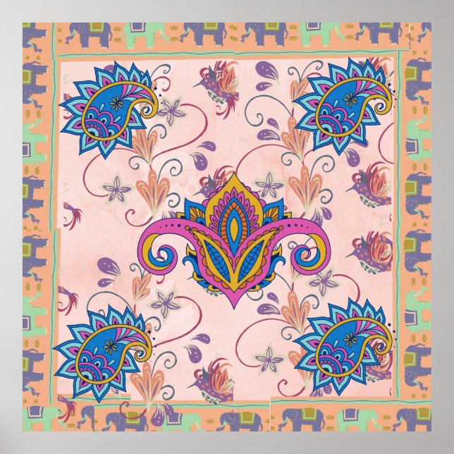 Boho-Paisley- und Elefantenmuster_lMandala-Kunstwe Poster (Vorne)
