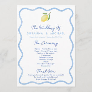 Boho Pale Blue Wavy Border Lemons Wedding Programm