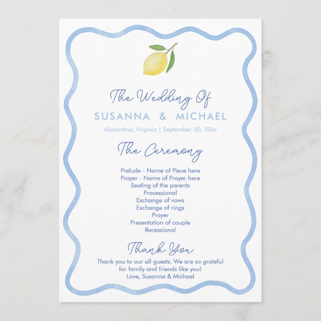 Boho Pale Blue Wavy Border Lemons Wedding Programm (Vorderseite)