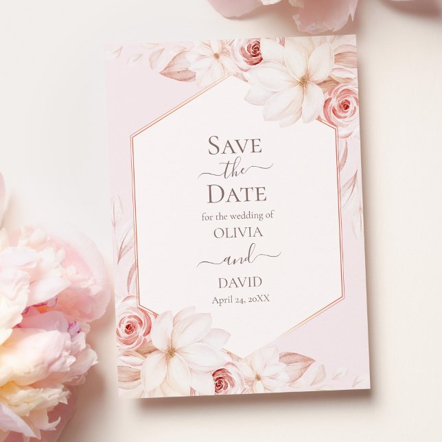Boho Pale Roses Save the Date Karte (Boho Pale Pink Roses Save the Date Card on table with pink roses.)