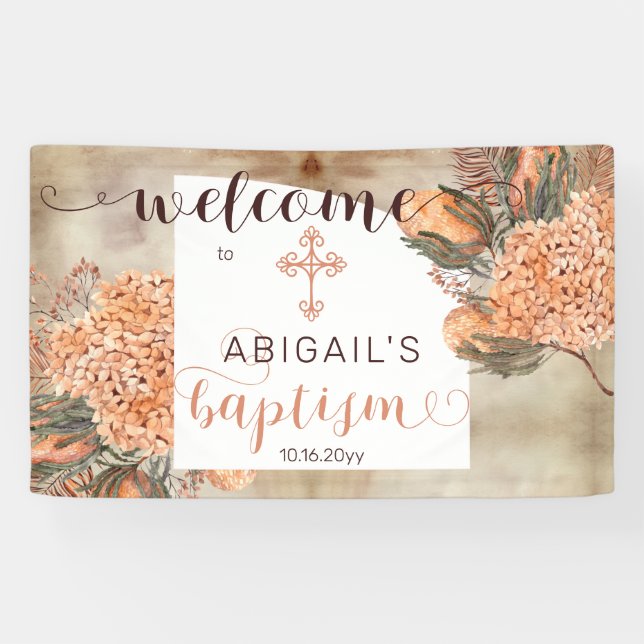 Boho Palm Blätter Hydrangeas Girl Baptisse Willkom Banner (Horizontal)