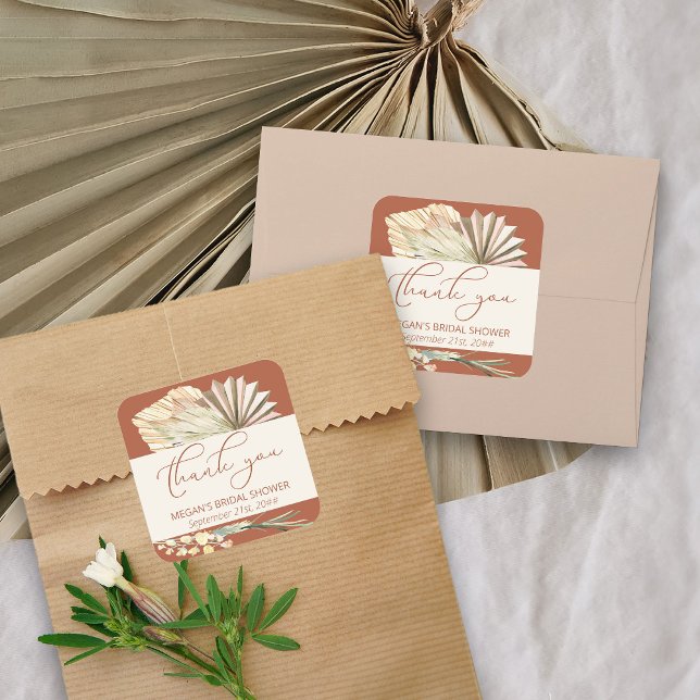 Boho Palm Dried Foliage Terracotta Vielen Dank Quadratischer Aufkleber (Thank you stickers from my Boho Palm Bridal Shower Collection)