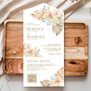 Boho Palm Dusty Earthy Floral QR Code Wedding All In One Einladung