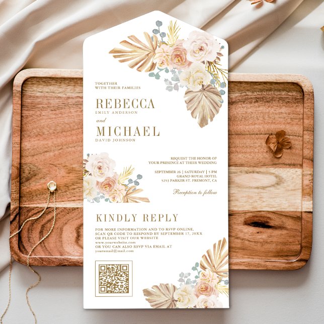Boho Palm Dusty Earthy Floral QR Code Wedding All In One Einladung (Von Creator hochgeladen)