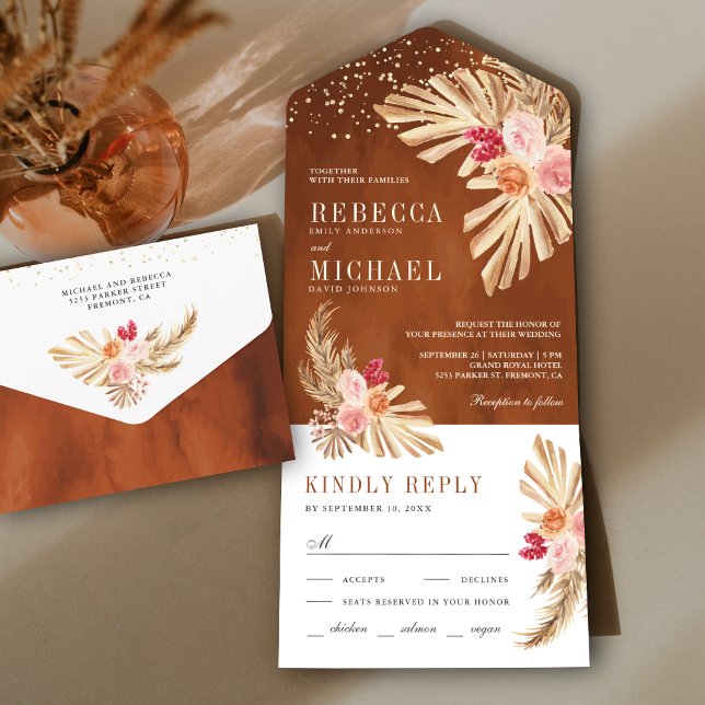Boho Palm Earthy Floral Pampas Terracotta Wedding All In One Einladung (Von Creator hochgeladen)
