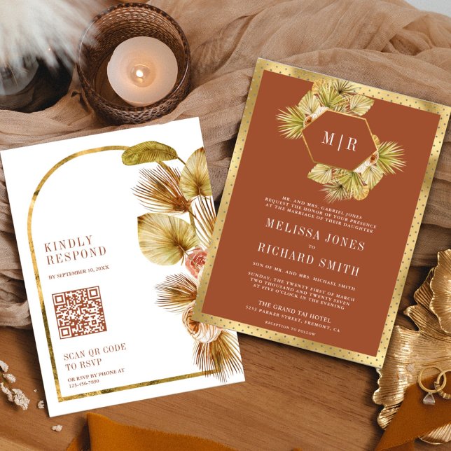 Boho Palm Earthy Floral Terracotta QR Code Wedding Einladung (Von Creator hochgeladen)
