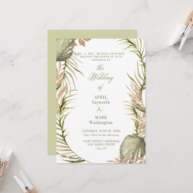 Boho Palm Leaf Greenerity Wedding 2 Einladung (Vorderseite/Rückseite Beispiel)