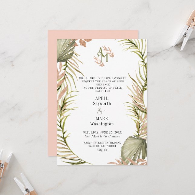 Boho Palm Leaf Greenerity Wedding Einladung (Vorderseite/Rückseite Beispiel)