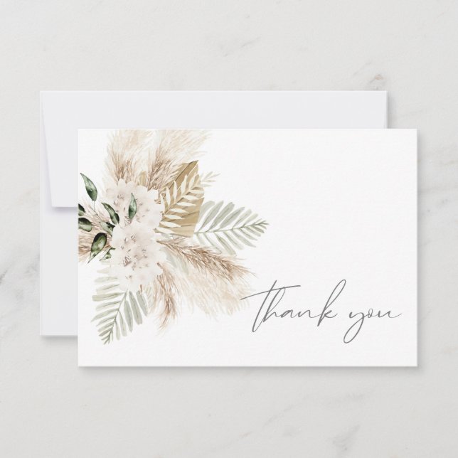 Boho Palm Leaf & Pampas Grass & Beige Floral Dankeskarte (Vorderseite)