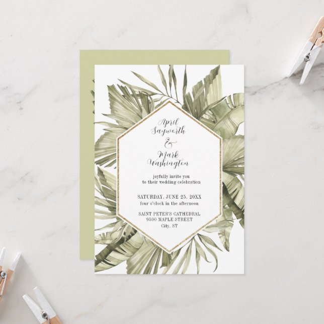 Boho Palm Leaf Wedding Frame Einladung (Vorderseite/Rückseite Beispiel)