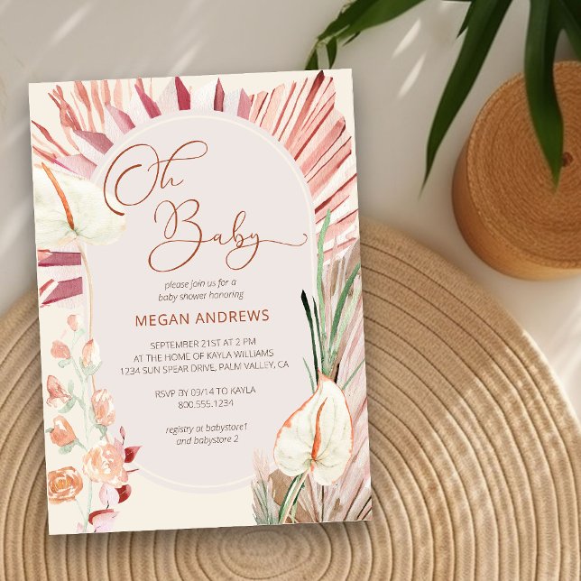 Boho Palm Oh Baby Trockenfolie Rustikale Babydusch Einladung (Neutral Baby Shower Invitation with boho palm leaves)