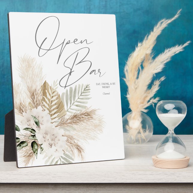 Boho Palm Pampas & Beige Floral Open Bar Sign 2 Fotoplatte (Seite)