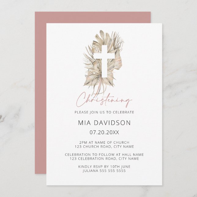 Boho Palm Pink Aquarell Blumenkreuz Christening Einladung (Vorne/Hinten)