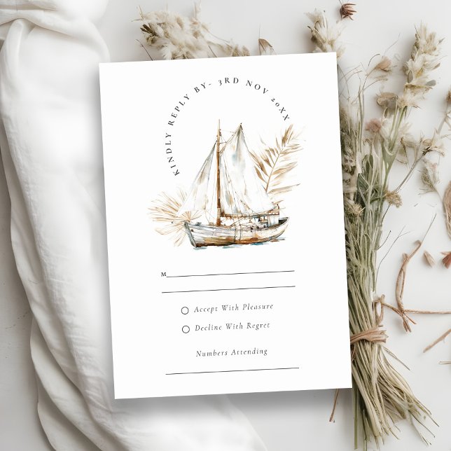 Boho Palm Sailboat Seascape Wasserfarbe Hochzeit RSVP Karte (Von Creator hochgeladen)