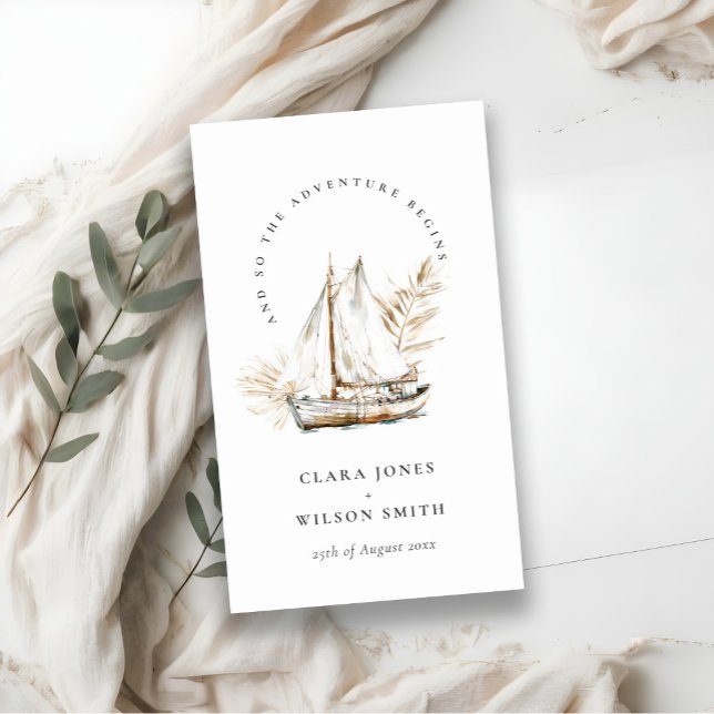Boho Palm Sailboat Seascape Wedding Website Begleitkarte (Von Creator hochgeladen)