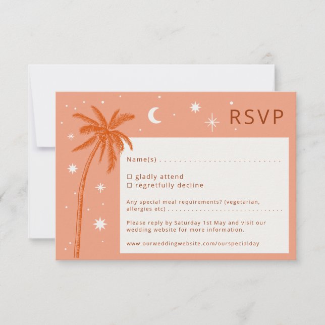 Boho Palm Springs Orange Wedding RSVP Karte (Vorderseite)
