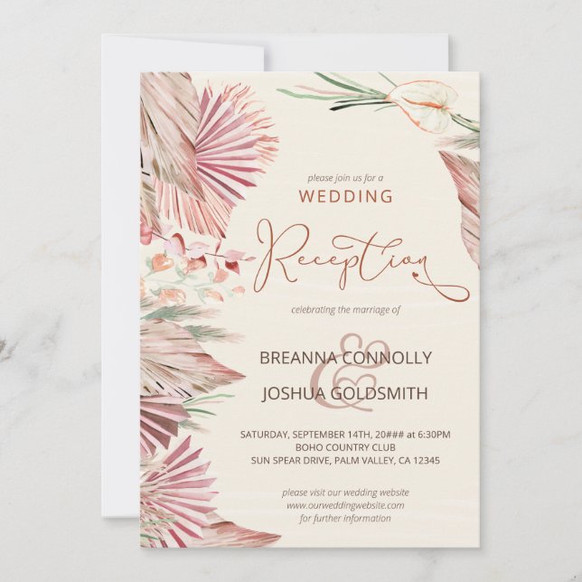 Boho Palm Trockenfoliage Hochzeitsempfang Einladung (Vorderseite)