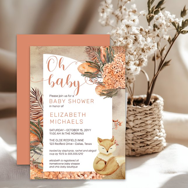Boho Palm Verlasse Hydrangeas Fox Oh Babydusche Einladung (Boho Palm Leaves and Hydrangeas Sleeping Fox "Oh Baby" Girl Baby Shower Invitation - Print | Digital)