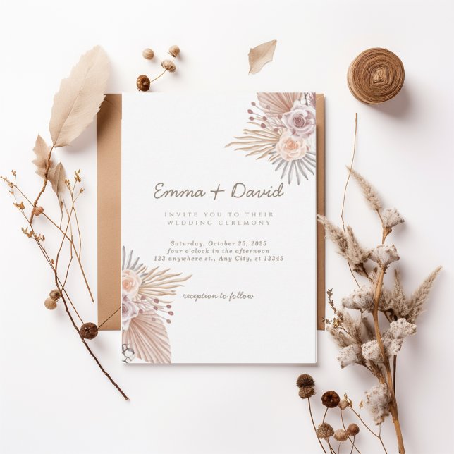Boho Pampas and Blush Rose Wedding Invitation Einladung (Von Creator hochgeladen)