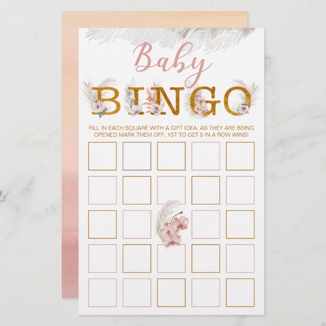 Boho Pampas Baby Dusche Bingo Game Card (Vorne/Hinten)