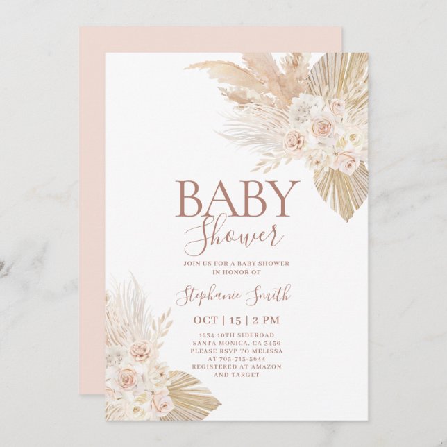 Boho Pampas Baby Shower Girl Einladung (Vorne/Hinten)