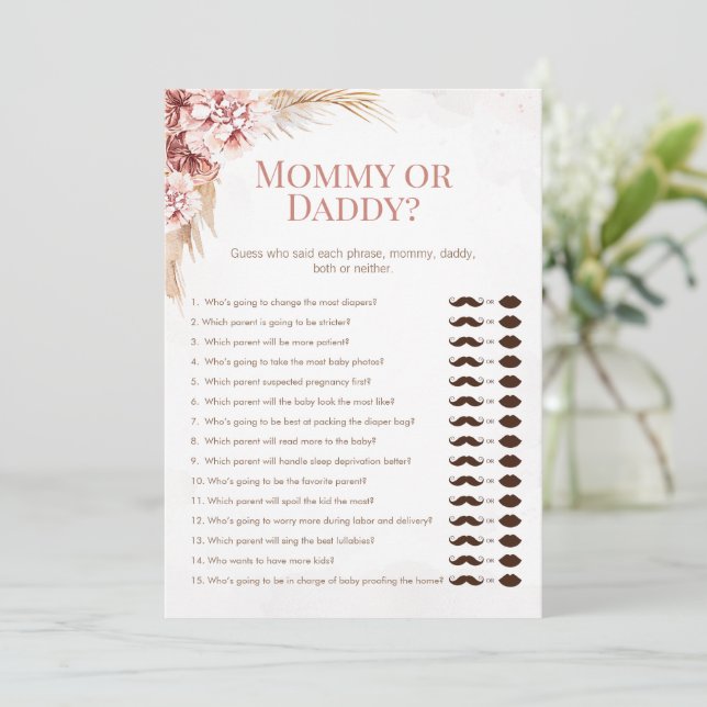 Boho Pampas Baby Shower Mommy Daddy Game Card Einladung (Stehend Vorderseite)