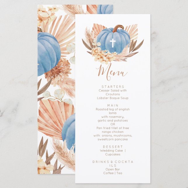 Boho Pampas blue Pumpkin religious Menükarte (Vorne/Hinten)